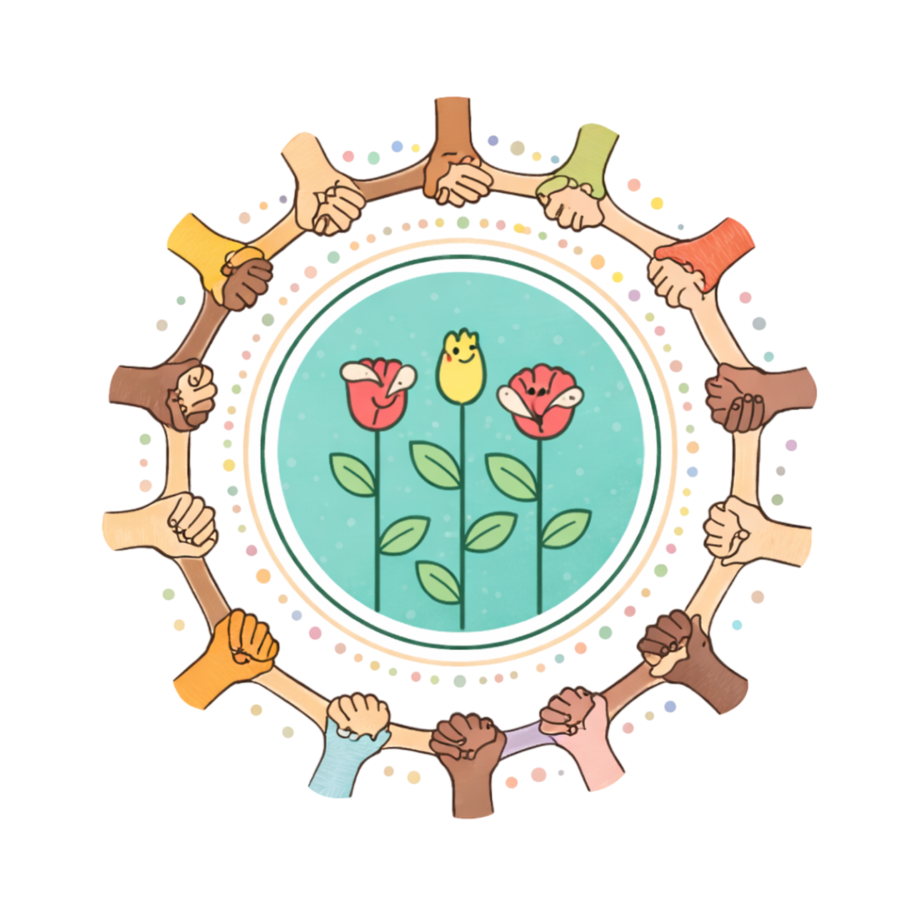 Blooming Buds Daycare floral emblem surrounded by joined hands in a welcoming circle.