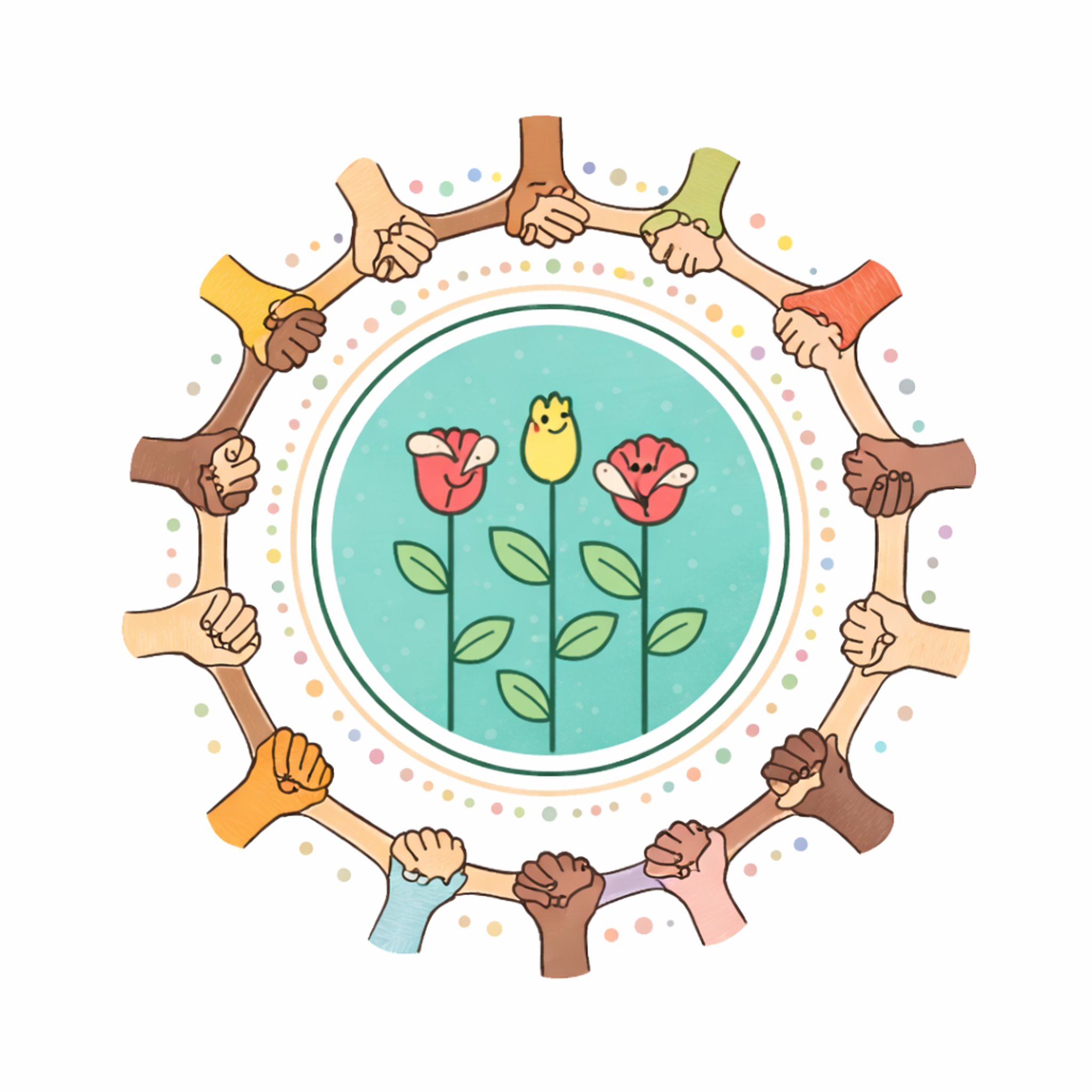 Blooming Buds Daycare floral emblem surrounded by joined hands in a welcoming circle.